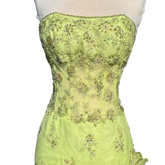 Y2K Cache Fairy Strapless Prom Dress Green Embellished Sequin Ruffles Whimsy XS - Picture 7 of 16
